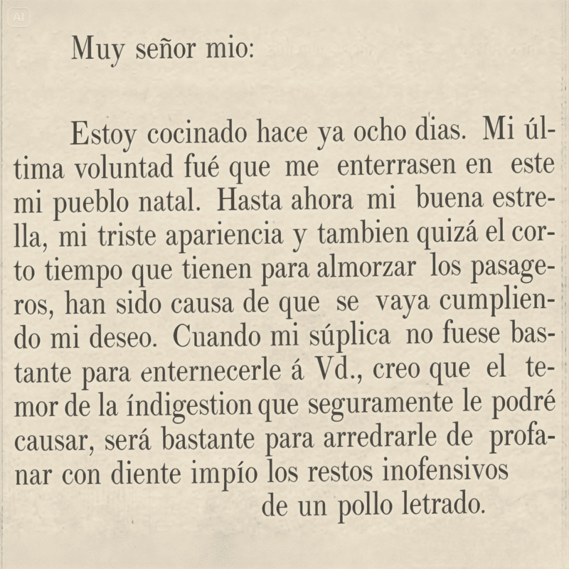 Texto de carta de un pollo cocinado, sátira en La Charanga, periódico habanero del siglo XIX