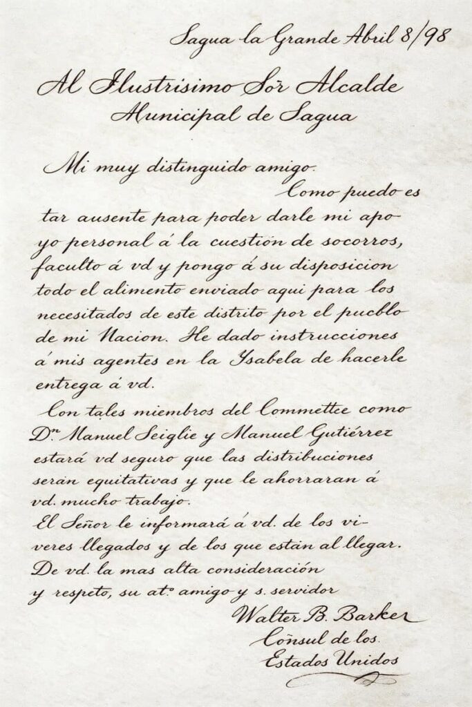 Carta del cónsul de los Estados Unidos en Sagua la Grande, Walter B. Barker, sobre los alimentos que había conseguido para la villa.