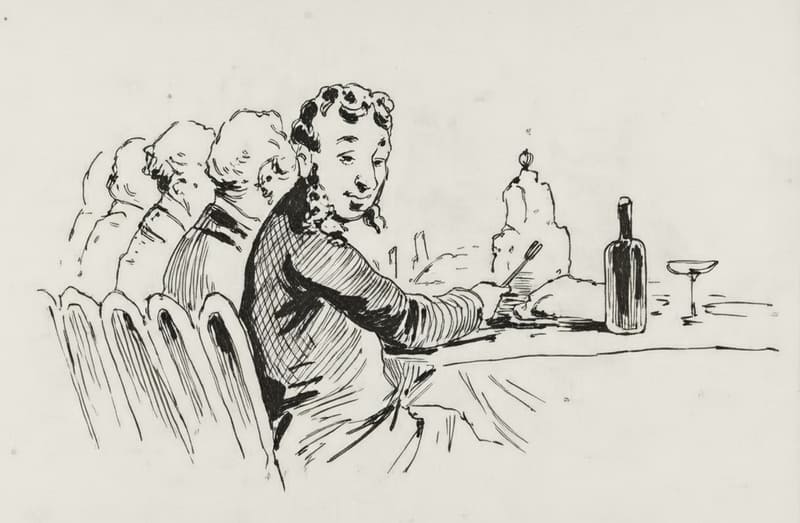 Personas comiendo sentadas en una mesa, dibujo satírico