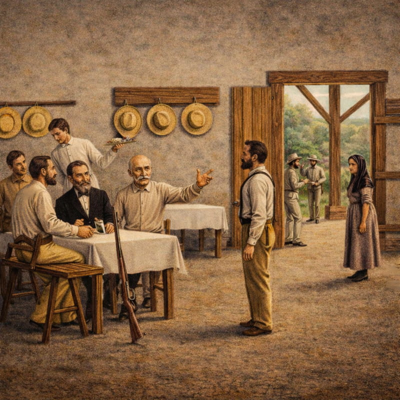 Representación de Máximo Gómez y otros oficiales en un almuerzo dentro de una fonda.
