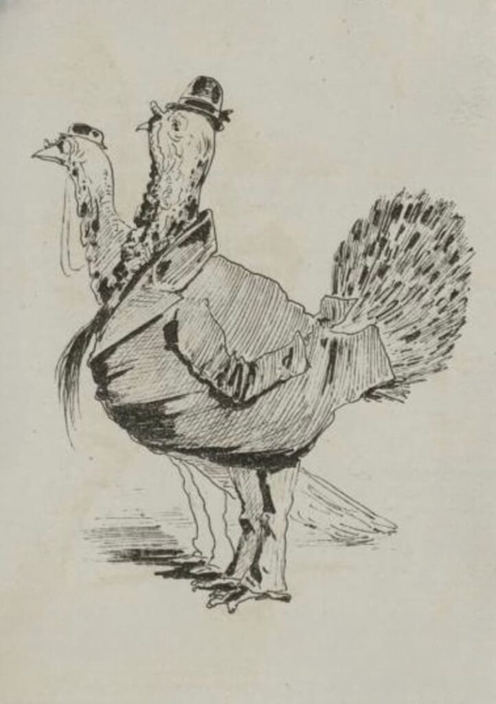 Dibujo satírico, pavos vestidos con trajes humanos